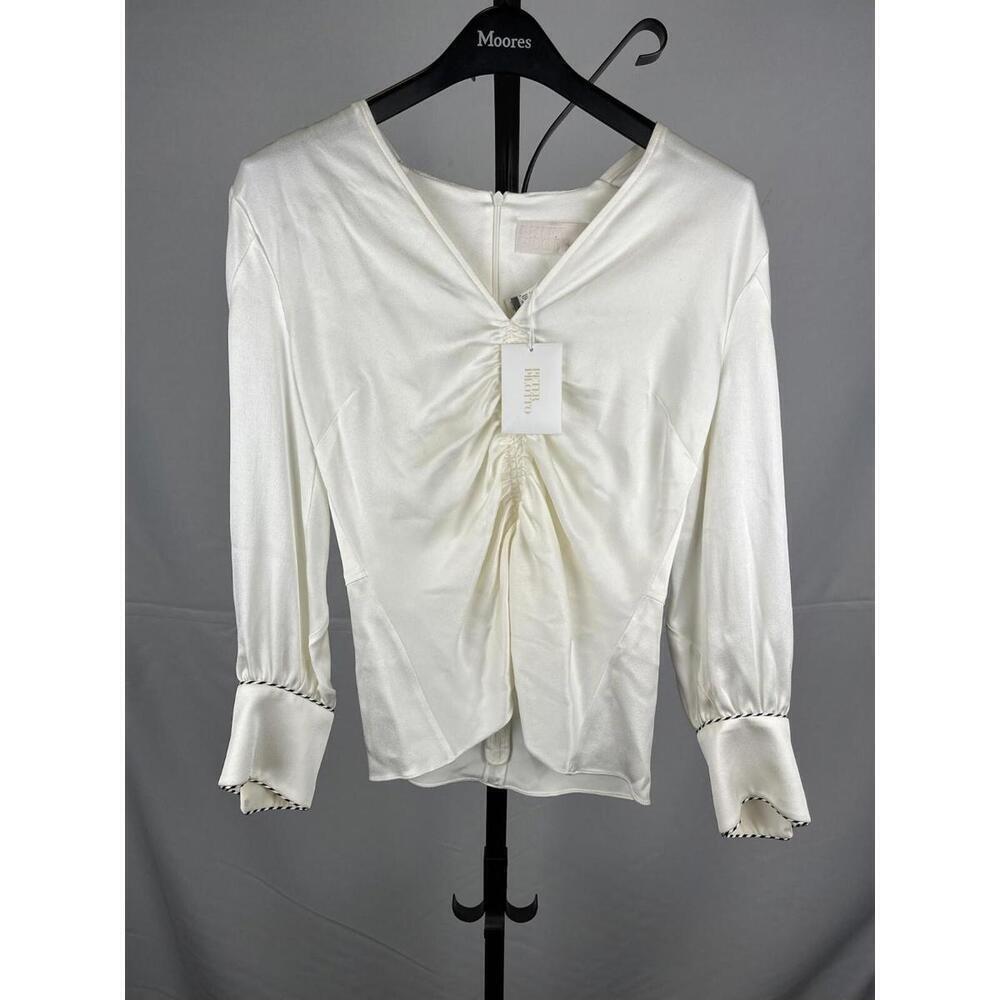 Peter Pilotto Ruched V-Neck Long Sleeve Blouse Beige Size 8 US